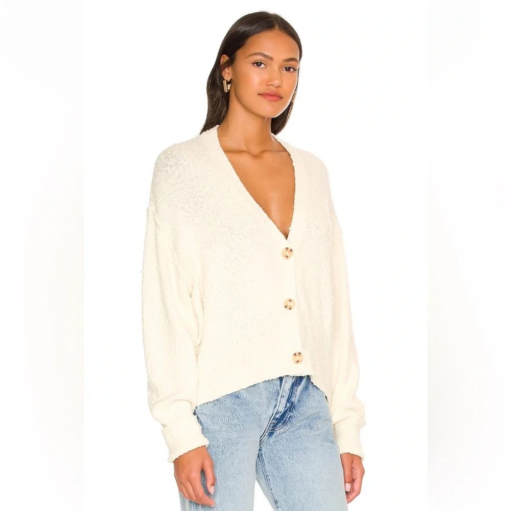 Free People Cream Button-Up V-Neck Sweater Cardigan
